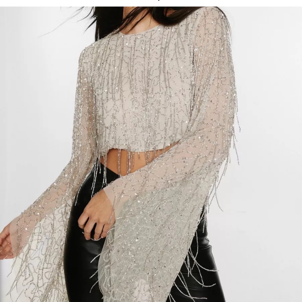 NWT Nasty Gal Flare Sleeve Tassel Sequin Crop Top